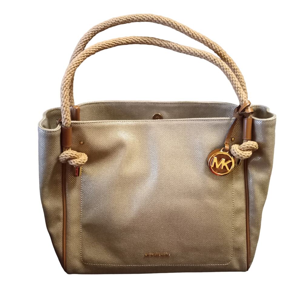 NWOT Michael Kors Isla Large Gold Canvas & Leather Tote Handbag Purse